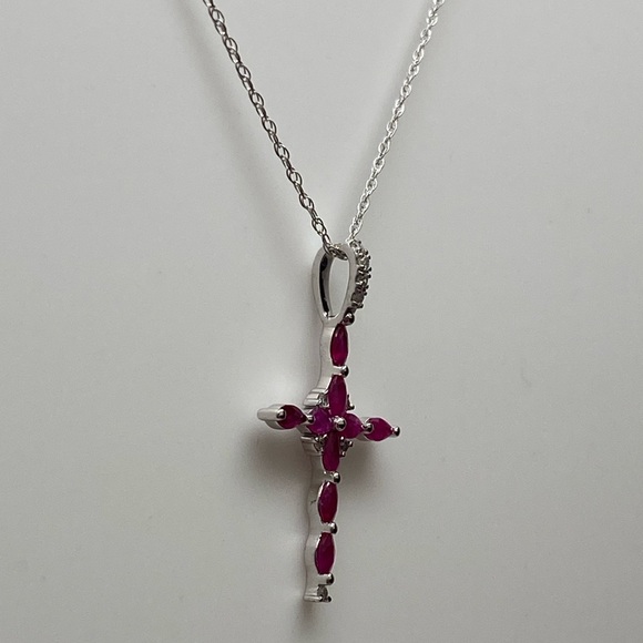 10K White Gold Marquise Shape Natural Ruby and Diamond Cross Pendant and Chain - Picture 5 of 8